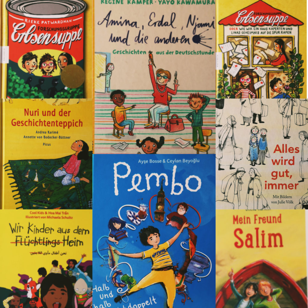 Das Bild zeigt acht Bücher, die in der Lesetasche enthalten sind: "Forschungsgruppe Erbsensuppe" (1+2), "Amina, Erdal, Njami und die anderen", "Nuri und der Geschichtenteppich", "Pembo", "Alles wird gut, immer", "Wir Kinder aus dem (Flüchtlings-)Heim", "Mein Freund Salim"